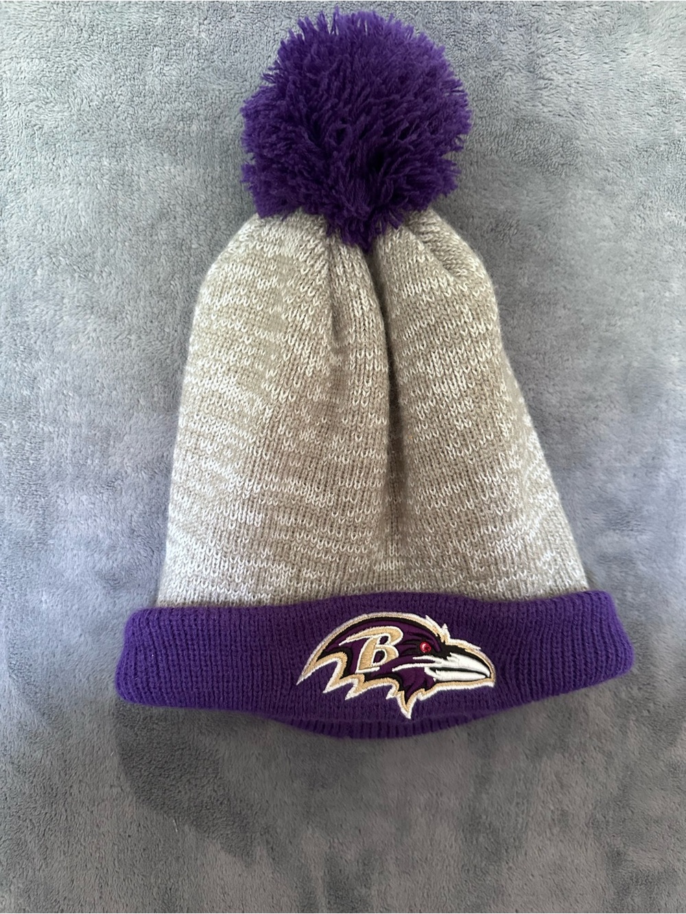 Baltimore Ravens Gray & Purple Pom Beanie Hat